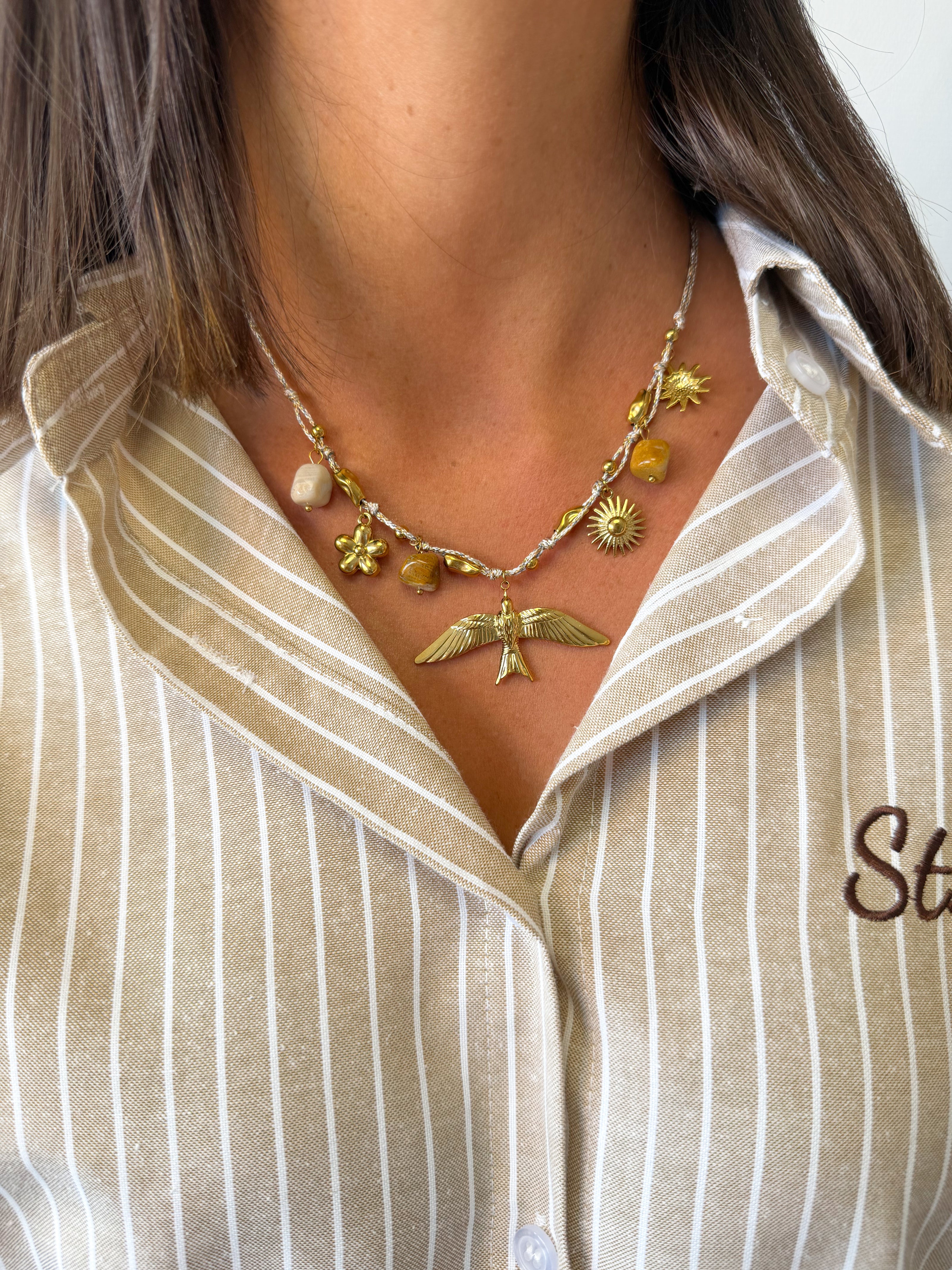 Collier HYRUM charms soleil & hirondelle doré