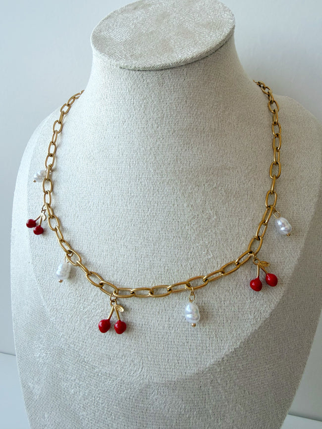 Collier MONTICELLO chaîne dorée cerises & perles