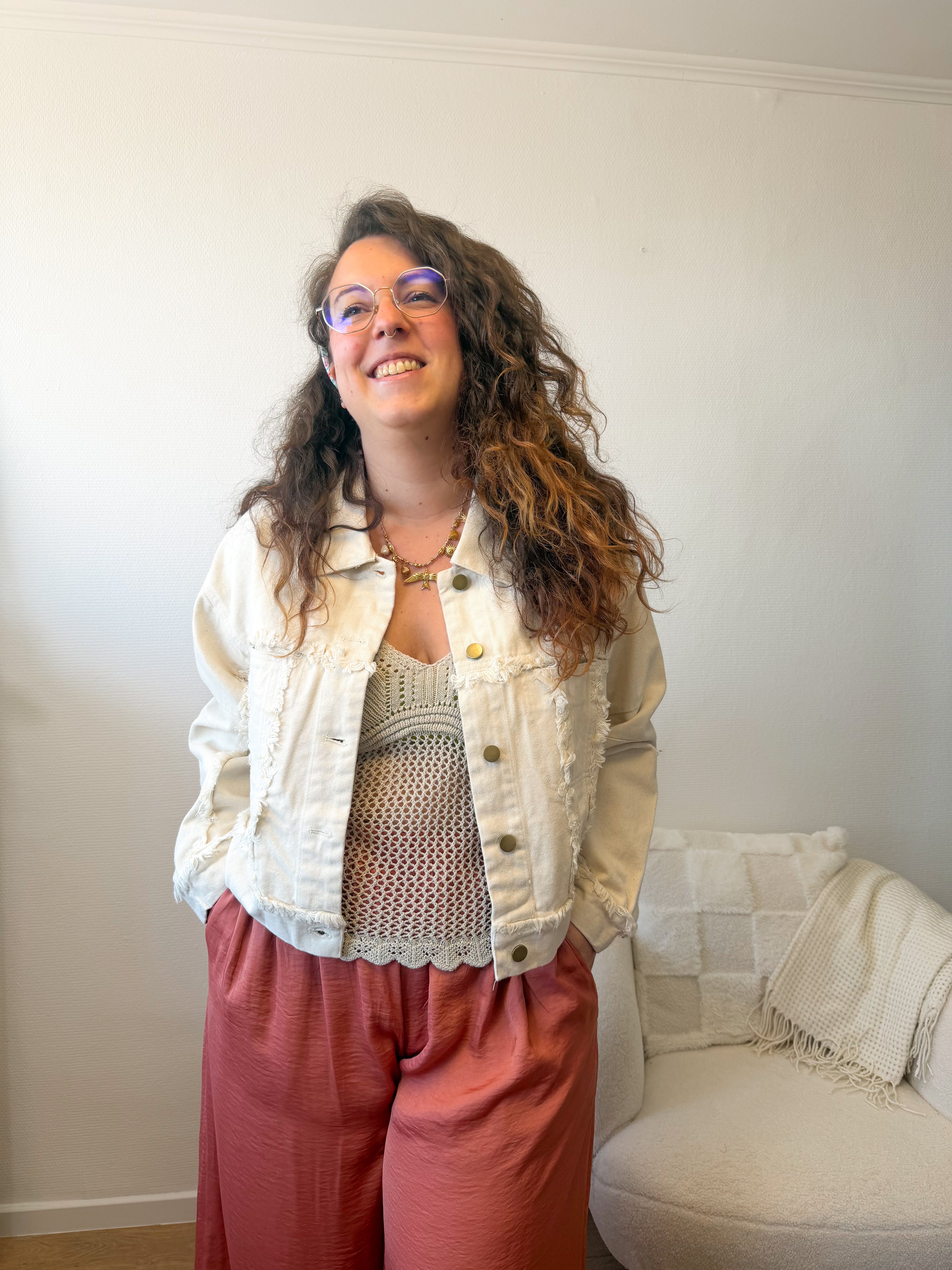 Veste IRVIN effet jean beige effilochée