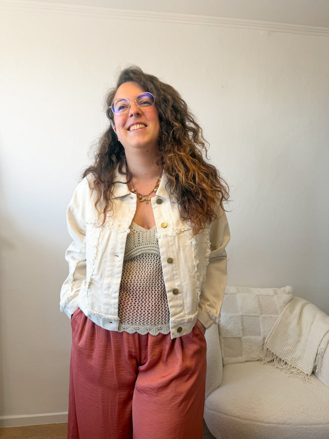 Veste IRVIN effet jean beige effilochée