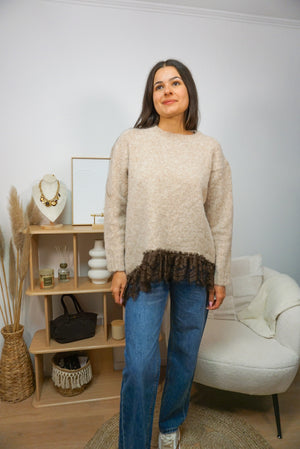 Pull SANTA FE beige & dentelle chocolat