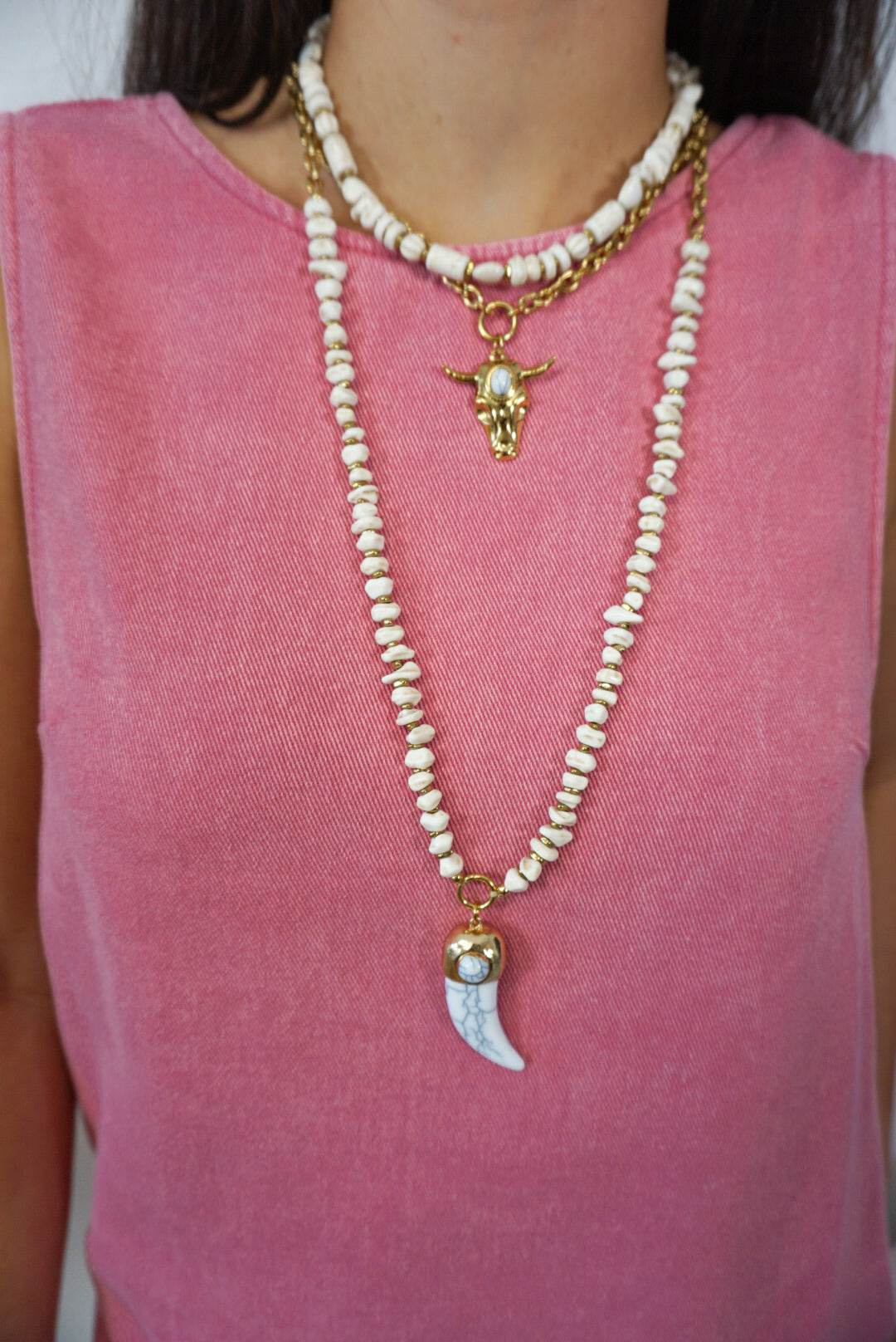 Collier perles & pendentif corne OREGON
