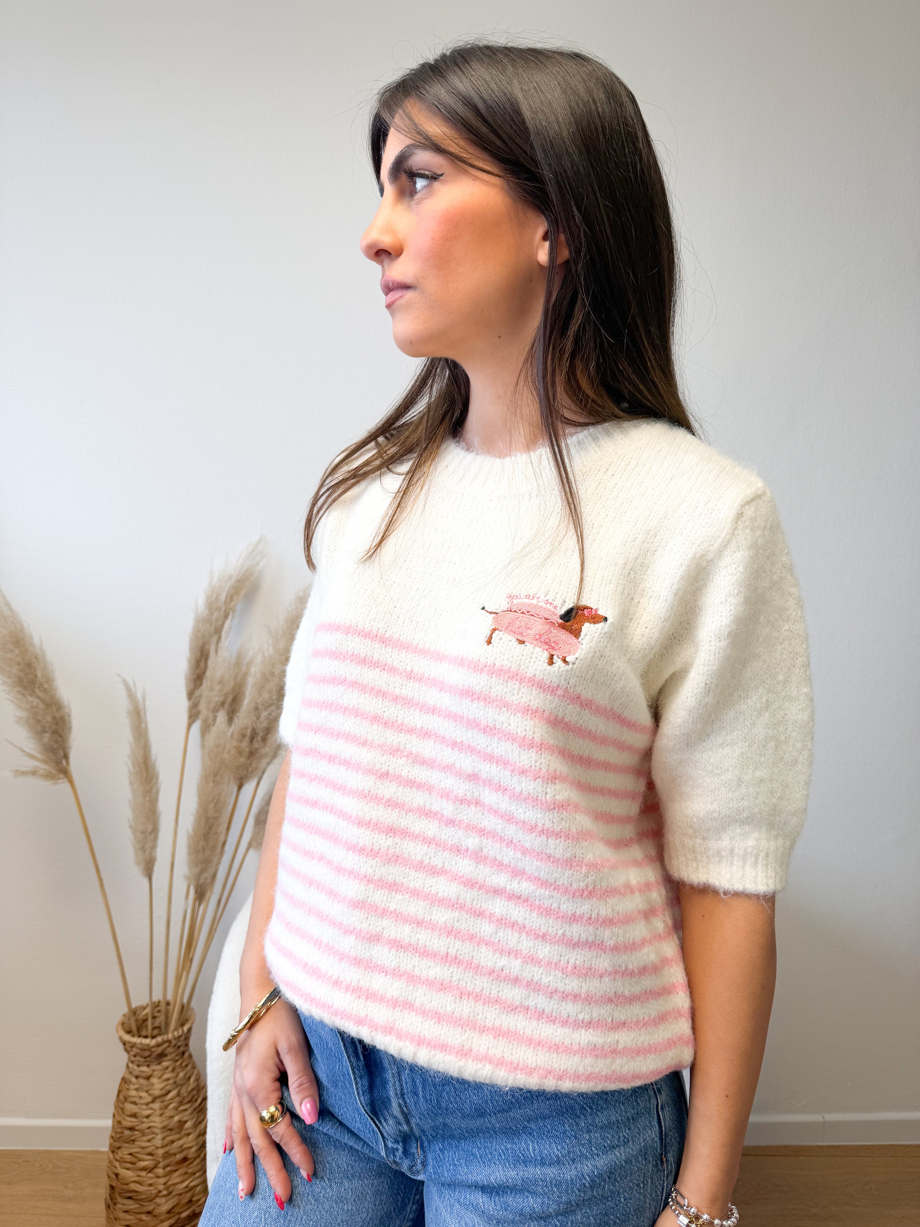 Pull BUDA rayé à manches courtes avec broderie teckel